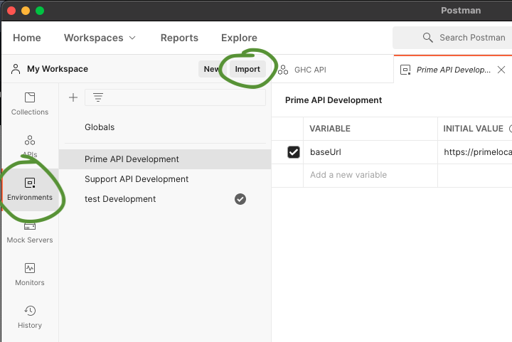 Screenshot of Postman Environments