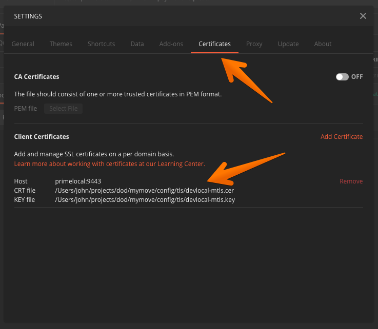 Postman client cert settings