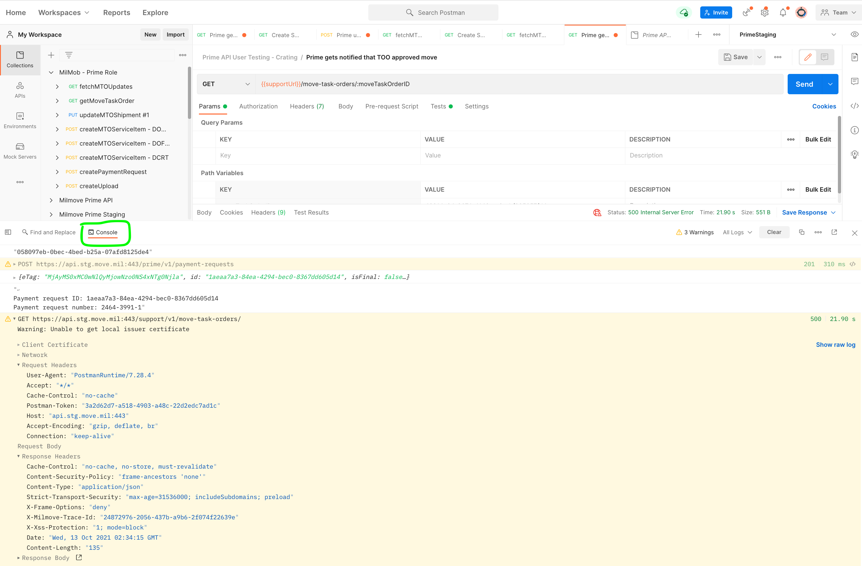 Screenshot of Postman Console