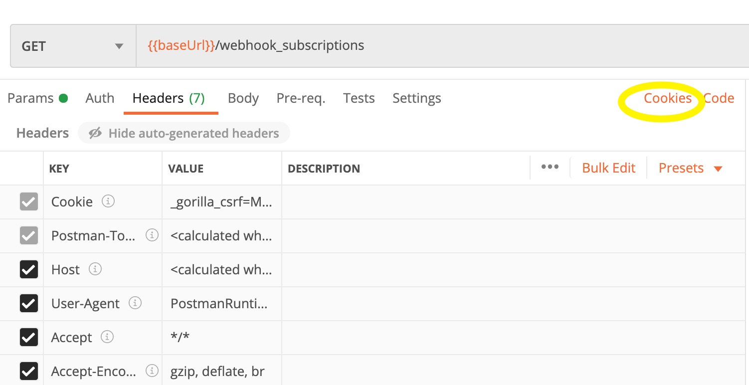 Screenshot of Cookies link in Postman