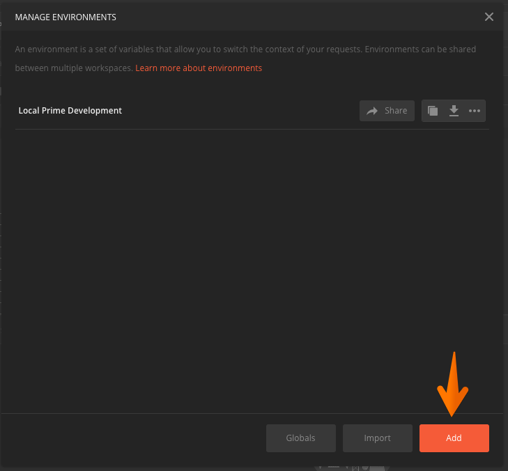 Postman environment dialog