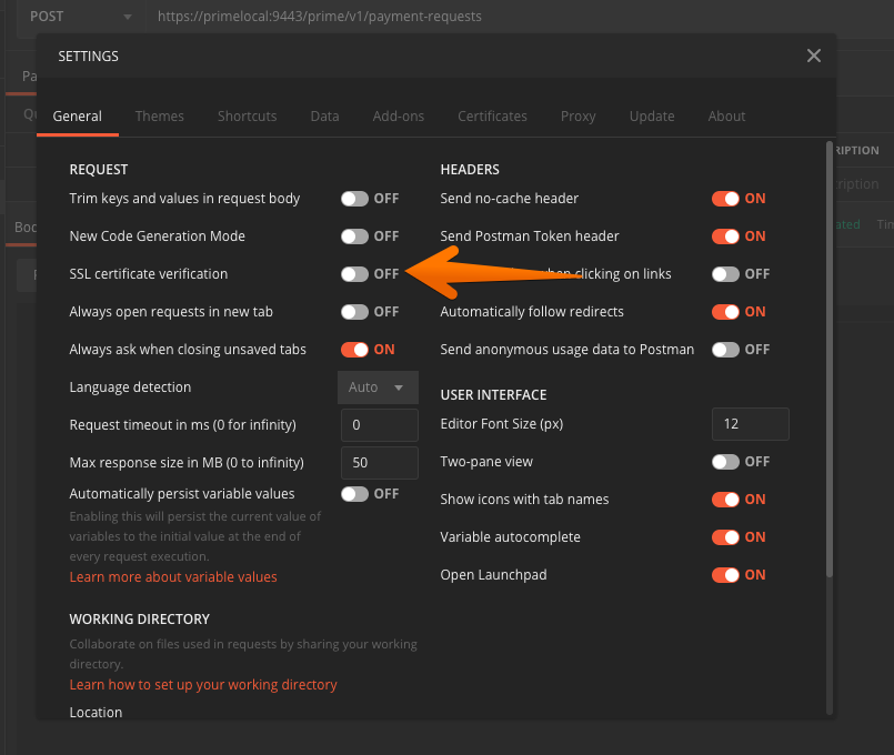 Postman SSL certification verification switch