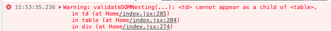 Image of console error reading "Warning: validateDOMNesting(...): <td> cannot appear as a child of <table>."